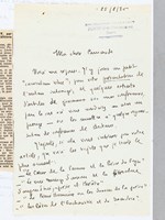 Lettre autographe signée de Henriette Charasson : 'Voici les sujets que je traite le plus souvent : 'Le Coeur de la femme et la Poésie du Foyer' - 'Le Vrai mariage d'amour et la littérature d'aujourd'hui, poésie et thé&a