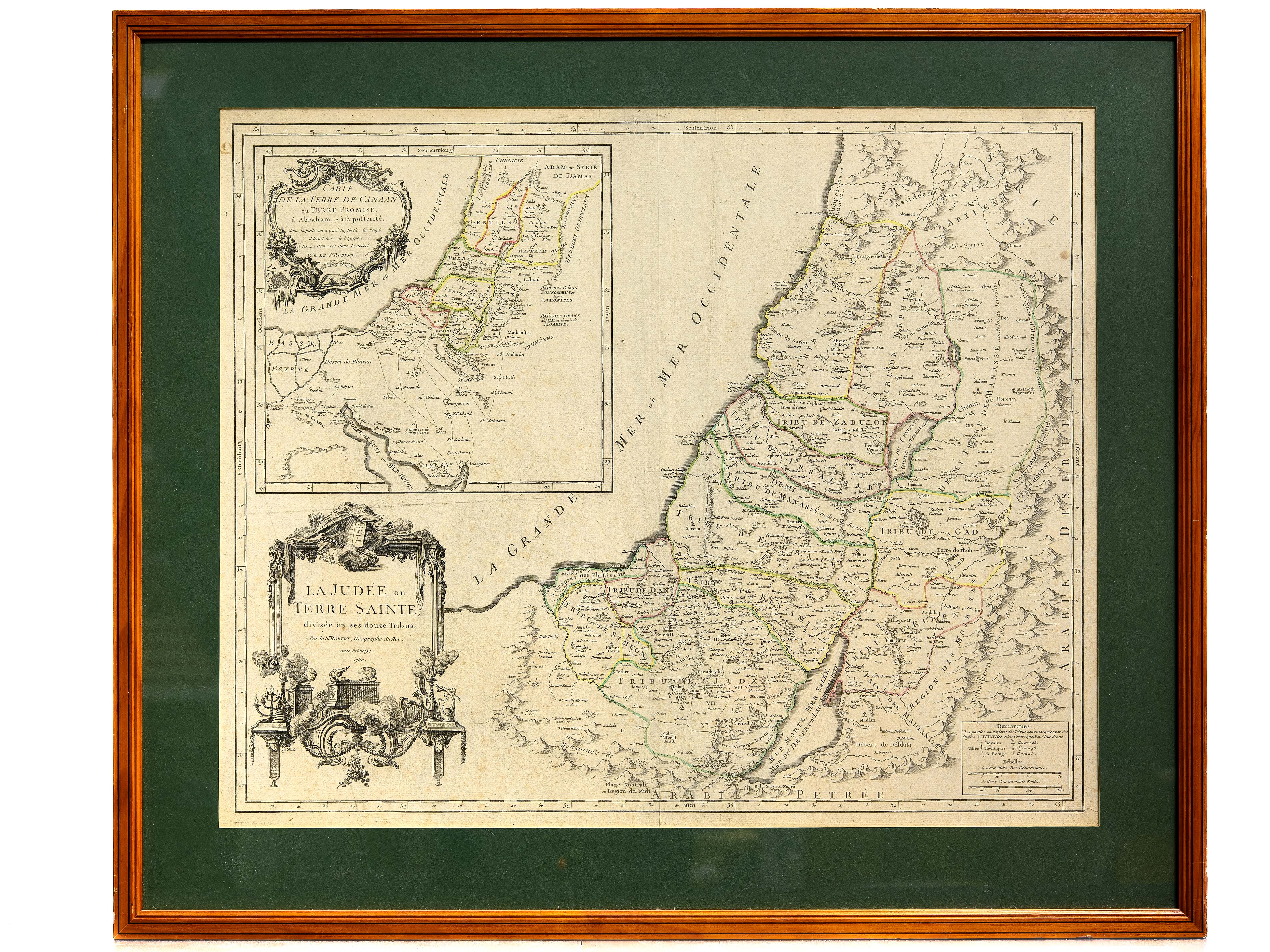 La Judée ou Terre Sainte divisée en ses douze Tribus. Par le Sr. Robert, Géographe du Roi, avec privilège, 1750 [Avec :] Carte de la Terre de Canaan ou Terre Promise à Abraham et à sa Postérité.