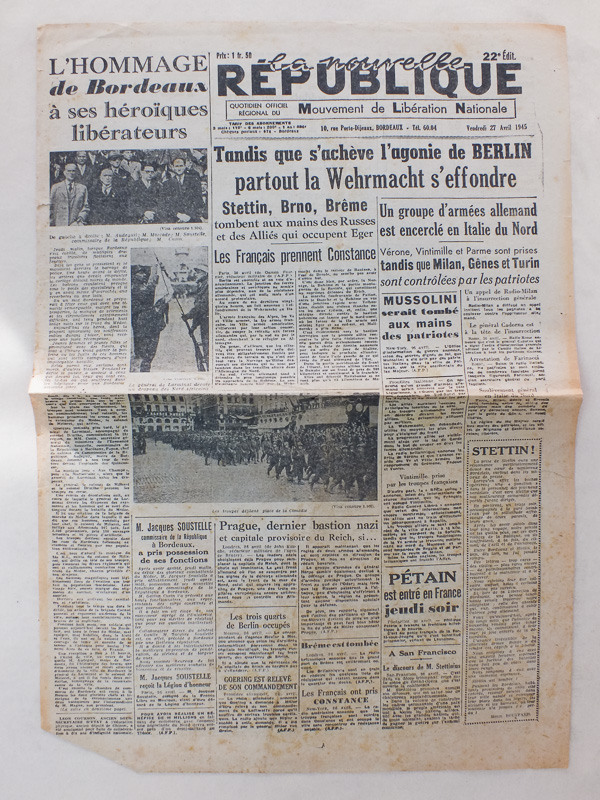 photo n°2 : La Victoire du Sud-Ouest [ Lot de 5 numéros de 1945 ] N° 192 : 24 avril 1945 (L'armée rouge a franchi l'Elbe) et n° 196 : 27 avril 1945 (En plein coeur en Berlin !) - Bordeaux-Matin : Le Populaire du Sud-Ouest. Quotidien officiel de