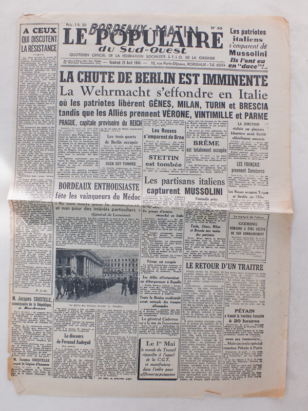 photo n°3 : La Victoire du Sud-Ouest [ Lot de 5 numéros de 1945 ] N° 192 : 24 avril 1945 (L'armée rouge a franchi l'Elbe) et n° 196 : 27 avril 1945 (En plein coeur en Berlin !) - Bordeaux-Matin : Le Populaire du Sud-Ouest. Quotidien officiel de