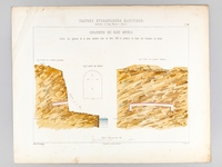 Travaux Hydrauliques Maritimes. Construction du Bassin Napoléon à Marseille. Chromolithographie : Planche VII : Exploitation des Blocs Naturels. Profils des galeries de la mine monstre tirée en avril 1857 en présence du Grand D