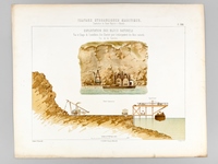 Travaux Hydrauliques Maritimes. Construction du Bassin Napoléon à Marseille. Chromolithographie : Planche XIII : Exploitation des Blocs Naturels. Vue et Coupe de l'installation d'un Chantier pour l'embarquement des blocs naturels. Vue de la