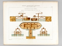 Travaux Hydrauliques Maritimes. Construction du Bassin Napoléon à Marseille. Chromolithographie : Planche XIV : Exploitation des Blocs Naturels. Appontement à bascule pour l'Embarquement des Moëllons dans les Chalands à Cl