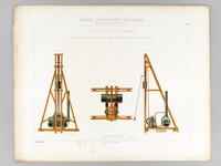 Travaux Hydrauliques Maritimes. Construction du Bassin Napoléon à Marseille. Chromolithographie : Planche XVII : Exploitation des Blocs Naturels. Sonnette à déclic manoeuvrée au moyen du Treuil à Vapeur de MM. Gir