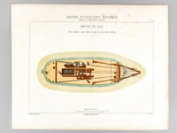 Travaux Hydrauliques Maritimes. Construction du Bassin Napoléon à Marseille. Chromolithographie : Planche L : Immersion des Blocs. Plan du Chaland à grande Mâture fixe pour la pose des Blocs Artificiels