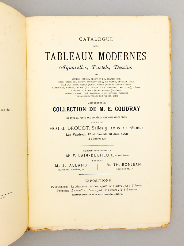 photo n°3 : Collection de feu M. E. Coudray. Catalogue des Tableaux Modernes ( Hôtel Drouot, 12 et 13 juin 1908 ). Aquarelles, Pastels, Dessins par Bouché, Boudin, J. L. Brown, Ch. Chaplin, Cock, Corot, Daubigny, De Marne, Detaille, Diaz, Dinet, Dupr&eac