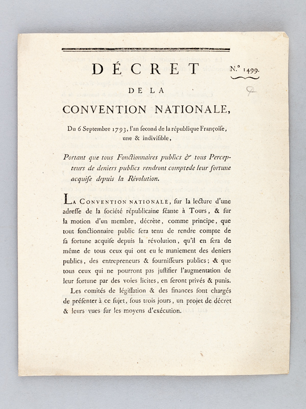 photo n°2 : Décret de la Convention Nationale, du 6 Septembre 1793, l'an second de la République Françoise une & indivisible, Portant que tous Fonctionnaires publics & tous Percepteurs de deniers publics rendront compte de leur fortune acquise de