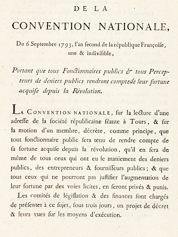 photo n°3 : Décret de la Convention Nationale, du 6 Septembre 1793, l'an second de la République Françoise une & indivisible, Portant que tous Fonctionnaires publics & tous Percepteurs de deniers publics rendront compte de leur fortune acquise de