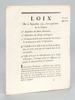 Loix du 11 septembre 1792, l'an quatrième de la Liberté. 1e Acquéreurs des Biens Nationaux ; 2e Destruction des Etangs marécageux ; 3e Versemens de fonds pour récompenser les travaux & les découvertes utiles &agra