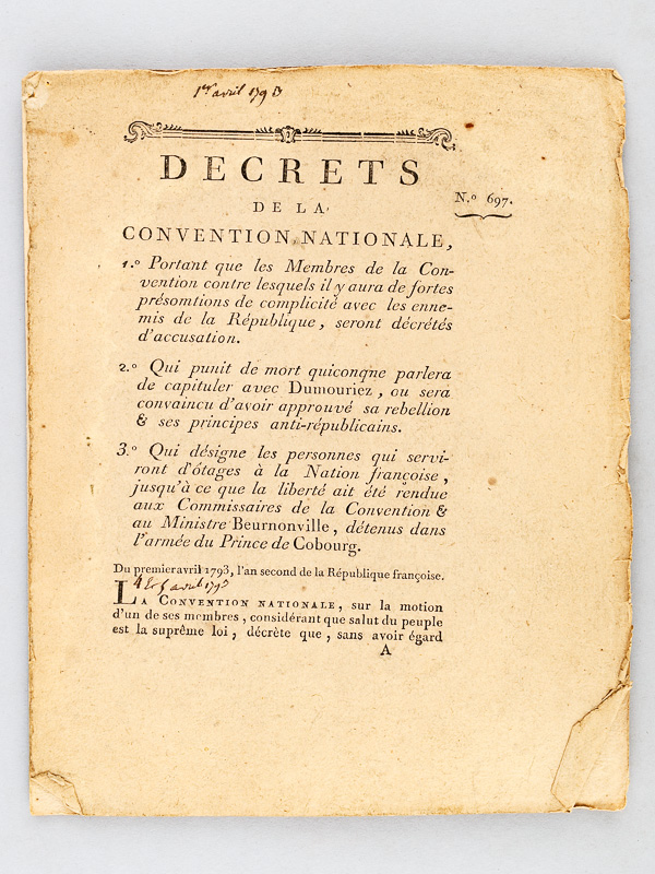 photo n°2 : Décrets de la Convention nationale, 1e Portant que les Membres de la Convention contre lesquels il y aura de fortes présomptions de complicité avec les ennemis de la république seront décrétés d'accusation