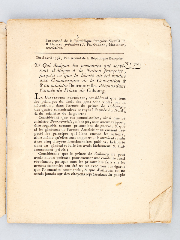 photo n°3 : Décrets de la Convention nationale, 1e Portant que les Membres de la Convention contre lesquels il y aura de fortes présomptions de complicité avec les ennemis de la république seront décrétés d'accusation
