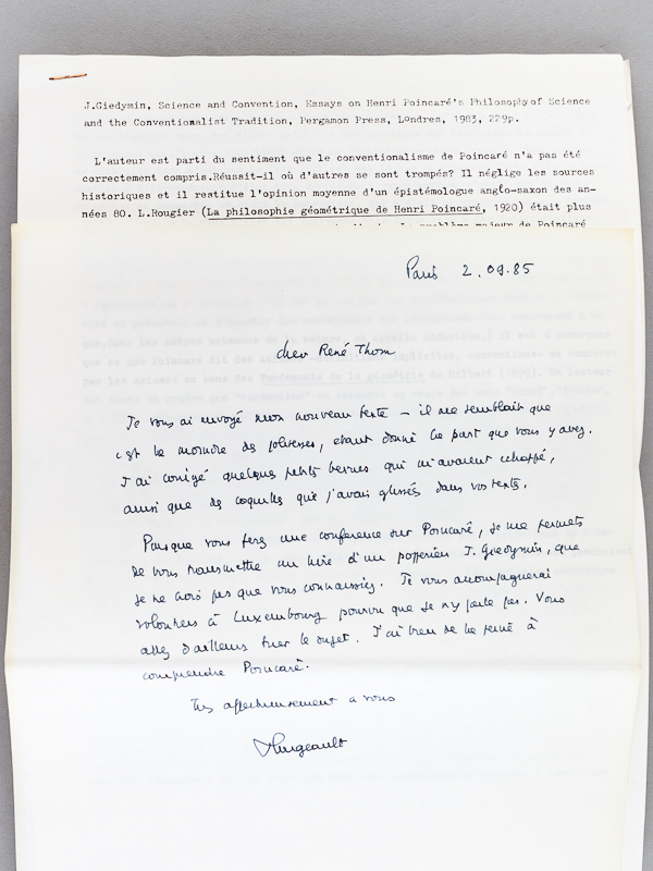photo n°5 : Science and Convention. Essays on Henri Poincaré's Philosophy of Science and the Conventionalist Tradition. [ On joint : ] 2 LAS par Jean Largeault au mathématicien et philosophe René Thom / [ Enclosed : ] 2 handwr. letters by Jean La