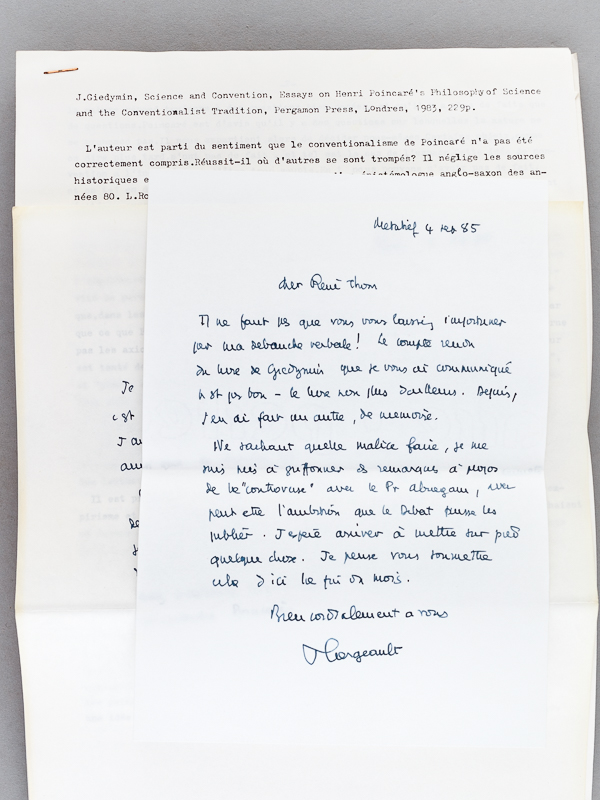 photo n°6 : Science and Convention. Essays on Henri Poincaré's Philosophy of Science and the Conventionalist Tradition. [ On joint : ] 2 LAS par Jean Largeault au mathématicien et philosophe René Thom / [ Enclosed : ] 2 handwr. letters by Jean La