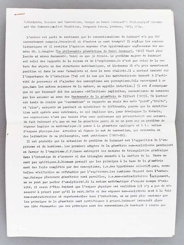photo n°7 : Science and Convention. Essays on Henri Poincaré's Philosophy of Science and the Conventionalist Tradition. [ On joint : ] 2 LAS par Jean Largeault au mathématicien et philosophe René Thom / [ Enclosed : ] 2 handwr. letters by Jean La
