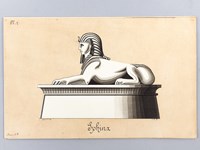 Art d'Egypte. [ Lot de 7 lavis et un pastel originaux ] Pyramide de Chéops. Coupe du Sud au Nord - Plan du Temple de Louqsor - Pylônes et obélisques de Louqsor - Colonne de la salle hypostyle du Palais de Karnac - Un colosse du Palais