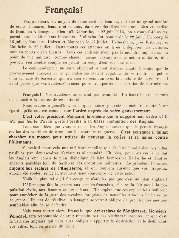 photo n°2 : Tract allemand en français daté de Berlin, le 26 juillet 1916 : 'Français ! Vos aviateurs, au moyen de lancement de bombes, ont tué un grand nombre de civils, hommes, femmes et enfants, dans ces dernières semaines, bien