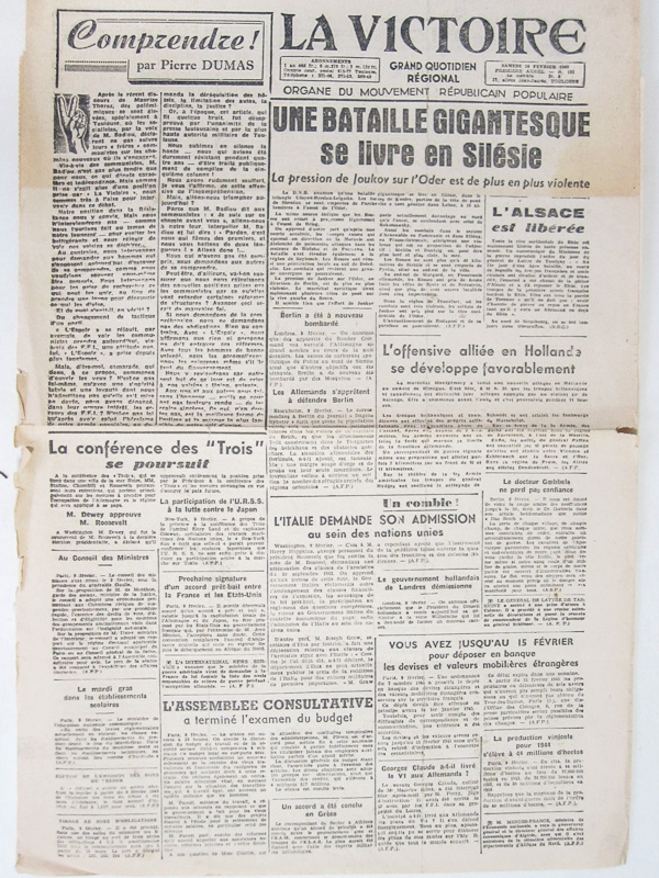 photo n°2 : La Victoire. Grand Quotidien Régional [ Lot de 9 numéros de janvier, février et mars 1945  - Informations générales et informations locales sur les secteurs d'Auch - Condom - Lectoure]
