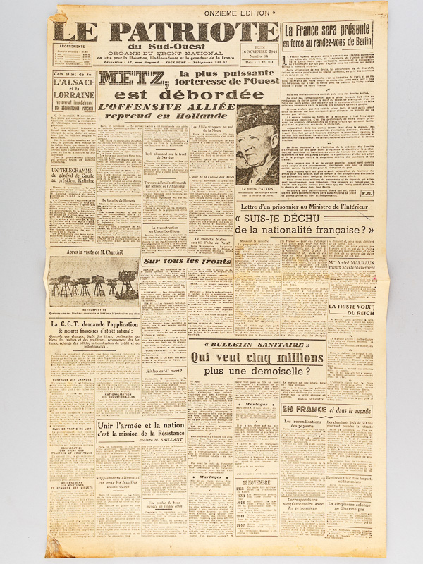 photo n°2 : Le Patriote du Sud-Ouest. Organe du Front National [ Lot de 13 numéros,  édition du Gers, du 15 novembre au 14 février 1945 ]