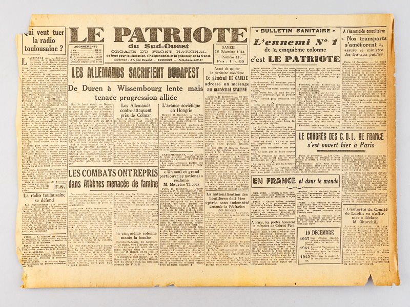 photo n°7 : Le Patriote du Sud-Ouest. Organe du Front National [ Lot de 13 numéros,  édition du Gers, du 15 novembre au 14 février 1945 ]