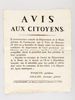 Avis aux Citoyens. L'Administration centrale du Département de la Meuse prévient ses Concitoyens, que la Foire de Beaucaire est fixée au 4 Thermidor de chaque année [ Publicité pour la foire de Beaucaire, Gard, affich&ea