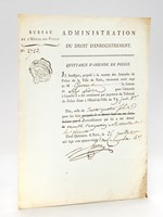 Quittance d'Amende de Police, du 25 Juillet 1792 : 'Je soussigné, préposé à la recette des Amendes de Police de la Ville de Paris, reconnois avoir reçu de M. Guerne la somme de six Livres pour l'Amende à laquelle