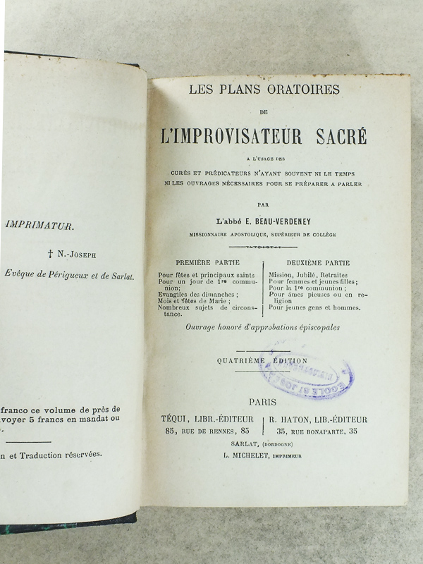 photo n°2 : Les plans oratoires de l'improvisateur sacré [ première et deuxième parties , reliées en un volume ] - à l'usage des curés et prédicateurs n'ayant souvent ni le temps ni les ouvrages nécessaires pour