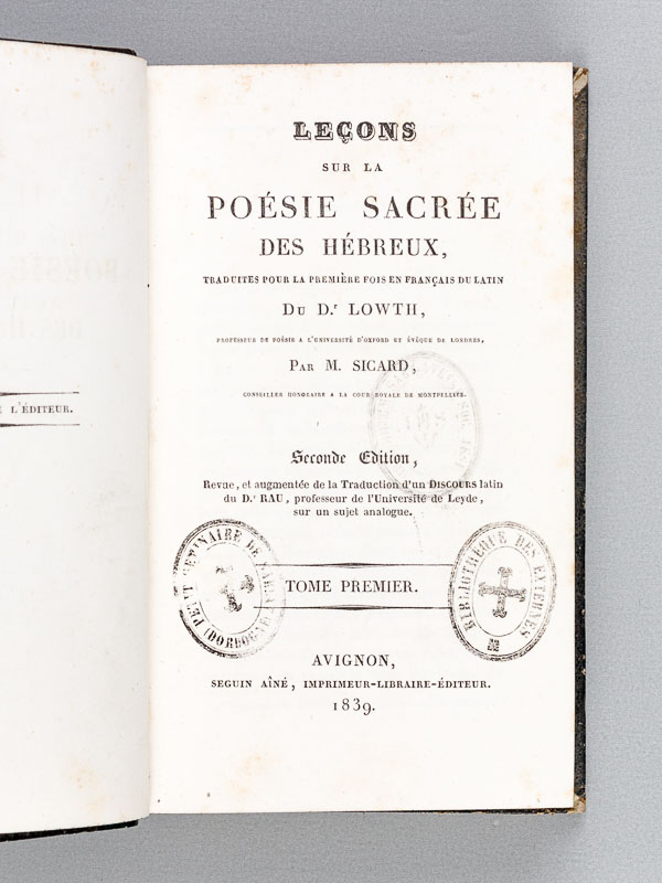 photo n°2 : Leçons sur la poésie sacrée des Hébreux , traduites pour la première fois en français du latin ( 2 tomes - complet )