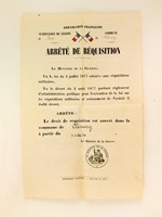 Arrêté de Réquisition pour la commune de Clémery : 'Le Ministre de la Guerre, Vu la loi du 3 juillet 1877 relative aux réquisitions militaires ; vu le décret du 2 août 1877 portant règlement d'administ