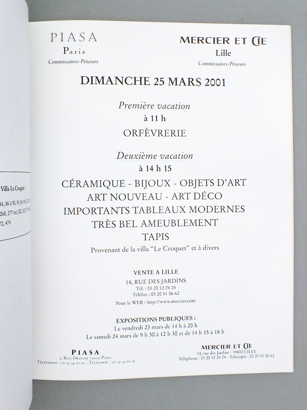photo n°3 : [ Lot des 2 catalogues de vente du mobilier de la villa 'Le Croquet' ] Objet d'art, importants tableaux anciens, très bel ameublement provenant de la villa 'Le Croquet' et appartenant à divers, Vente à Lille, Dimanche 18 mars 2001 ;
