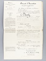 Brevet d'Invention accordé le 4 janvier 1876 à M. David Dietz, ingénieur civil, pour un système système de communication entre les agents d'un train de chemins de fer et entre les voyageurs et le chef de train (avec le M