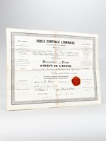 Ecole Centrale Lyonnaise pour l'Industrie et le Commerce fondée en 1857. Diplôme de Première Classe d'Elève de l'Ecole décerné à M. Maurin Napoléon Tibulle Isidore, né le 3 juin 1839 à N