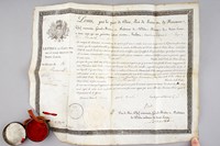 Lettres de Chevalier de l'Ordre Militaire de Saint-Louis, en faveur de M. Jacques Bermond, ancien officier. Donné à Paris le huitième jour de Novembre l'An de Grâce 1815 [ Signé 'Louis', par le Garde des Sceaux Etienne Pa