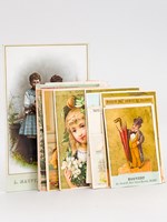 Lot de 32 chromos publicitaires anciens (vers 1880) de magasins de Blois : Au Grand bon Marché, Rouvert Fabrique de Chaussures, Bains Boy, Hydrothérapie, A la Châtelaine, Maison des Armes de France, Mauvy Confiseur, E. Gourdet Mercerie