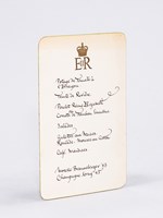 The 'Coronation Luncheon Menu', 2 June 1953, with Queen Elizabeth coat of arms. Manuscript calligraphied text, with first mention of 'Poulet Reine Elizabeth', famous 'Coronation Chicken' - Menu original du Couronnement de la Reine Elisabeth, aux armes roy