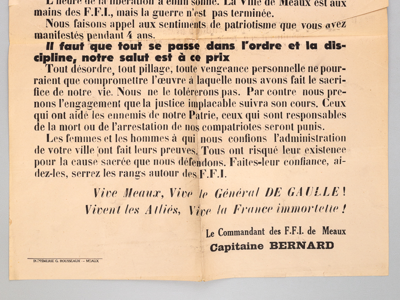 photo n°4 : [Affiche originale : ] Forces Françaises de l'Intérieur. Appel à la Population. Meldois. L'heure de la libération a enfin sonné. La Ville de Meaux est aux mains des F.F.I., mais la guerre n'est pas terminée. Nous