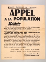 [Affiche originale : ] Forces Françaises de l'Intérieur. Appel à la Population. Meldois. L'heure de la libération a enfin sonné. La Ville de Meaux est aux mains des F.F.I., mais la guerre n'est pas terminée. Nous