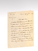Lettre signée par Eugène Caillaux, président du P.L.M. et père de Joseph Caillaux. L.A.S. à en-tête des chemins de fer P.L.M. 88 rue Saint Lazare datée du 12 9bre 1892 [ Il répond à une recomm