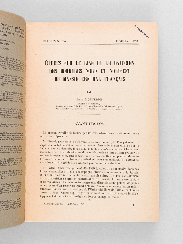 photo n°2 : Etudes sur le Lias et le Bajocien des bordures Nord et Nord-Est du Massif Central français. Bulletin du Service de la Carte Géologique de la France. N° 236 - Tome L, 1952