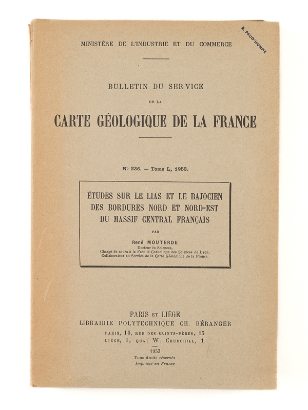 photo n°7 : Etudes sur le Lias et le Bajocien des bordures Nord et Nord-Est du Massif Central français. Bulletin du Service de la Carte Géologique de la France. N° 236 - Tome L, 1952