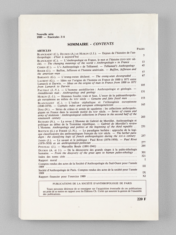 photo n°5 : Bulletins et Mémoires de la Société d'Anthropologie de Paris. Tome  N° 3-4. Numéro spécial : Histoire de l'Anthropologie. Hommes, idées, moments. Actes du colloque organisé par la Société