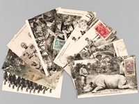Lot de 9 cartes postales de chasse en Afrique : 6 CPA (Chasse au buffle sur les rives du Salamat, Chasse à la panthère chez les Tambagos, Quadruplé de lions à l'embouchure du Salamat, Chasse à l'hippopotame dans le Chari