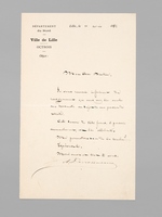 [ Lettre autographe signée ] 1 L.A.S. datée de Lille, le 11 avril 1882 [ Alexandre Desrousseaux remercie un directeur pour les informations sur le montant de sa retraite : ] 'Cette somme de 1230 francs, à percevoir annuellement, est b