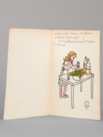 Dessin original en couleurs signé par Jean Effel [ Madame Larousse assaisonnant sa salade de pissenlit... ]
