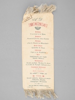 [ Menu imprim&eacute; sur Soie servi par l'H&ocirc;tel de la Poste de Pamiers, le 5 juillet 1904 : ] Potage - Consomm&eacute; &agrave; la Reine - Poisson - Saumon d'&Eacute;cosse, sauce Tartare - Entr&eacute;e - Filet de boeuf &agrave; la Mar&eacute;chale