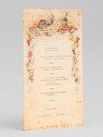 [ Menu de l'H&ocirc;tel Kastens, &agrave; Hanovre, avec publicit&eacute; Deutsche Lufthansa ] Speisen-Karte : Verschiedene kalte Vorspeisen. R&ouml;stbrot und Butter. Doppelte Kraftbr&uuml;he m. Mark u. Eierstich. Junge Ente gebraten. Prinzessbohnen, Sala