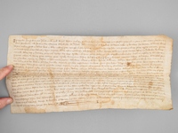 [ Charte originale sur parchemin dat&eacute;e du 15 novembre 1391 &agrave; Saint-Emilion : ] 'Conoguda [ ... ] sia que Johan Andraud, borges de Sent Melion, p[er] bona voluntat reconogo e confesset que el a prets [...] sens fenalmen als forz e alas costum