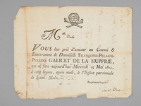 [ Billet mortuaire malouin imprim&eacute; avec gravure sur bois repr&eacute;sentant un cr&acirc;ne et des tibias entrecrois&eacute;s : ] Mlle Duclos [Imprim&eacute; :] Vous &ecirc;tes pri&eacute; d'assister au Convoi & Enterrement de Demoiselle Fran&ccedi