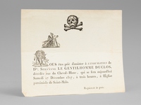 [ Billet mortuaire malouin imprim&eacute; avec gravure sur bois repr&eacute;sentant un cr&acirc;ne et des tibias entrecrois&eacute;s, all&eacute;gorie de la mort &eacute;teignant la flamme et arbre surplombant la tombe : ] M. Vous &ecirc;tes pri&eacute; d