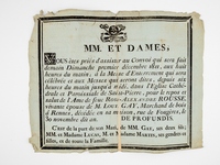 [ Placard mortuaire rennais imprim&eacute; avec vignette macabre grav&eacute;e sur bois avec cr&acirc;ne et tibias entrecrois&eacute; et devise 'Hodie mihi, cras tibi' : ] MM. Et Dames, Vous &ecirc;tes pri&eacute;s d'assister au Convoi qui sera fait demai