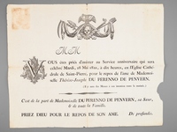 [ Grand placard mortuaire vannetais imprim&eacute; avec vignette macabre grav&eacute;e sur bois avec cr&acirc;ne, tibias crois&eacute;s, faux, sablier, ailes de chauve-souris : ] M. M. Vous &ecirc;tes pri&eacute;s d'assister au Service anniversaire qui se